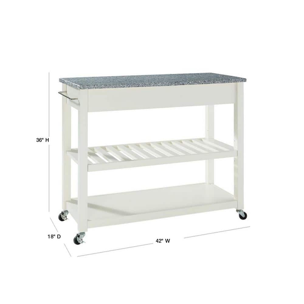 White Granite Top Kitchen Cart with Wine Rack and Storage