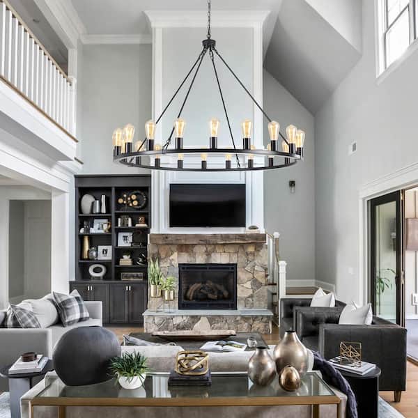 20-Light Black Circle Candle Design Wagon Wheel Chandelier Linear Chandelier Lighting for Dining Room