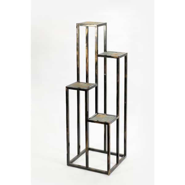 ORE International 47.25 in. 4 Tier Gray Stone Slab Black/Gold Cast Metal Plant Stand