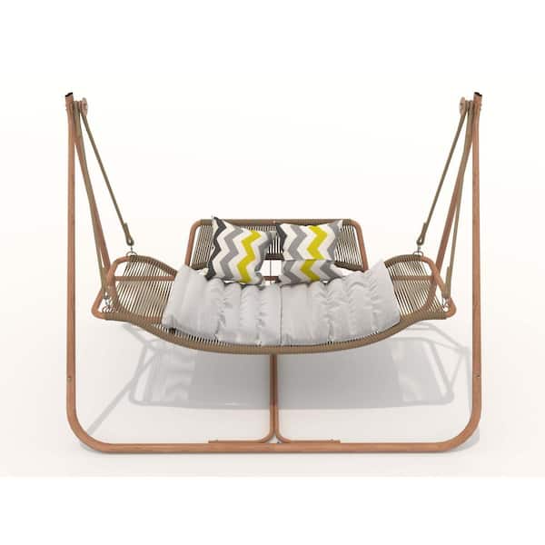 Sudzendf 40 in. 1-Person Wood-Colored Metal Patio Swing with Grey Cushion Oversized Double Hammock Chair for Balcony Bedroom