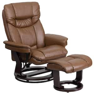Contemporary Palomino Leather Recliner and Ottoman with Swiveling Mahogany Wood Base