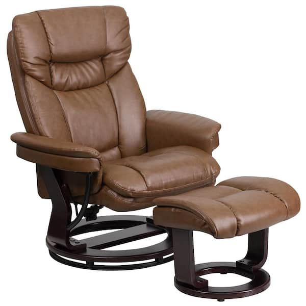Flash Furniture Contemporary Palomino Leather Recliner and Ottoman with Swiveling Mahogany Wood Base