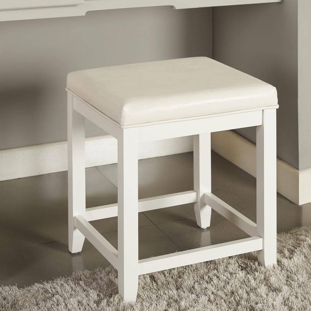 Vista White Solid Pine Wood Vanity Stool with Faux Leather Seat