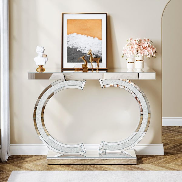 Turrella 39 in. Silver Rectangle Wood Console Table with Mirrored Finish
