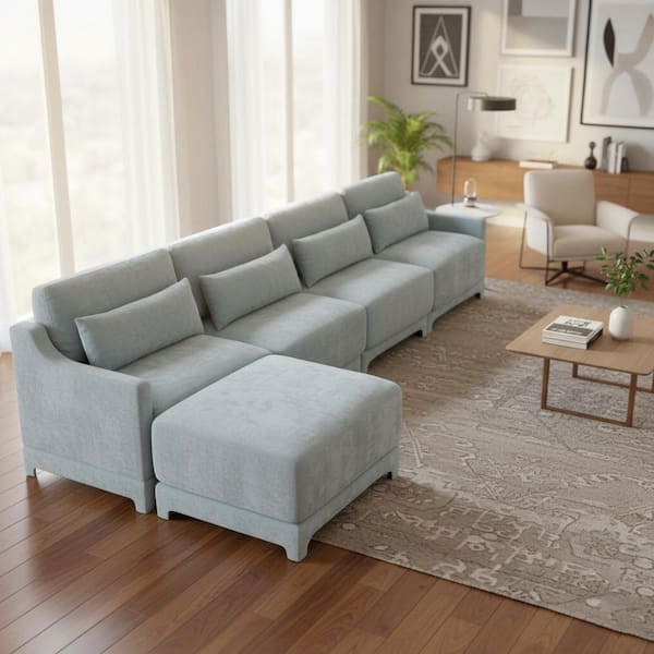 ZBXXRB 141.7 in. Straight Arm 5-Piece Chenille Modular Sectional Sofa with Comfort, 4-Seater, Ottoman in Powder Blue