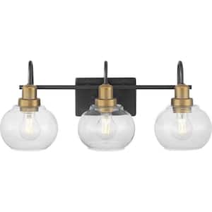 Halyn 23 in. 3-Light Matte Black with Vintage Brass Bathroom Vanity Light Accents and Clear Glass Shades