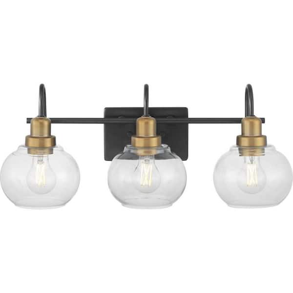 Home Decorators Collection Halyn 23 in. 3-Light Matte Black with Vintage Brass Bathroom Vanity Light Accents and Clear Glass Shades