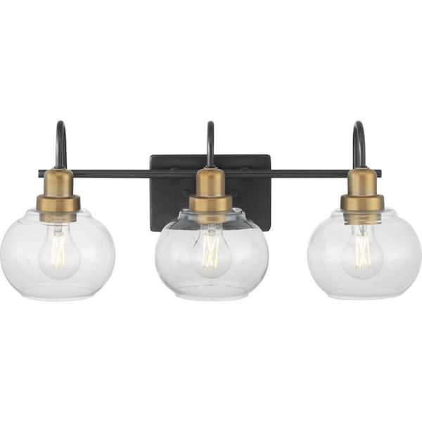 Halyn 23 in. 3-Light Matte Black with Vintage Brass Bathroom Vanity Light Accents and Clear Glass Shades