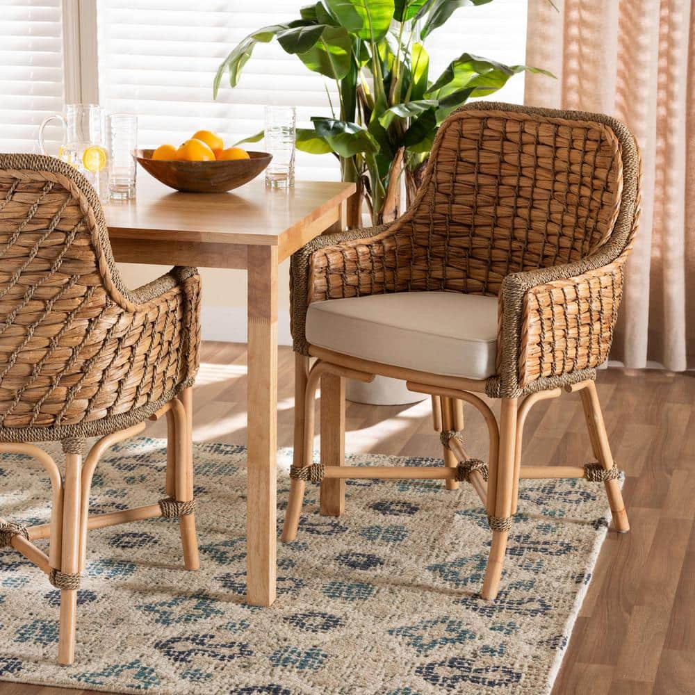 Low White and Brown Rattan Cane Arm Chair