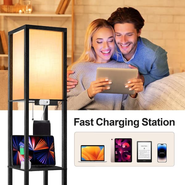 63 in. Black Traditional 1-Light USB Charging LED 3-Shelf Column Floor Lamp with Fabric Square Shade (set of 2）