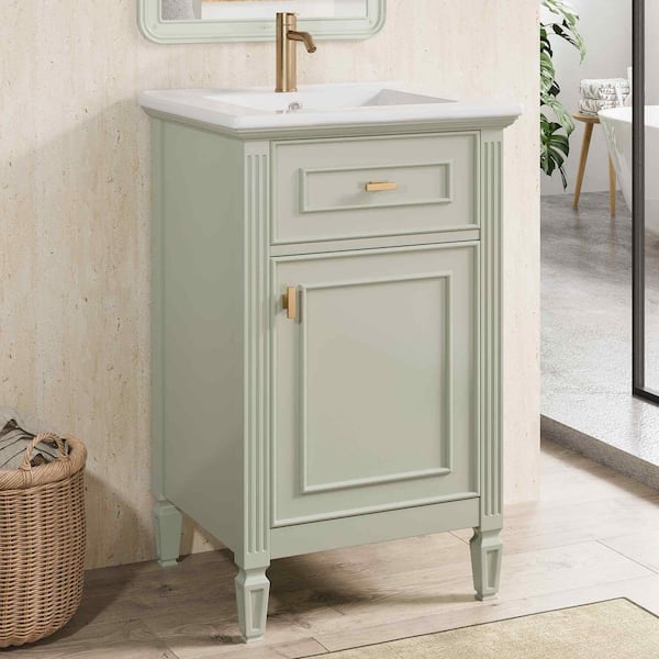 20 in. Freestanding Green Bath Vanity with White Ceramic Top, Adjustable Shelf, Tilt-Out Drawer and Zinc Alloy Knobs