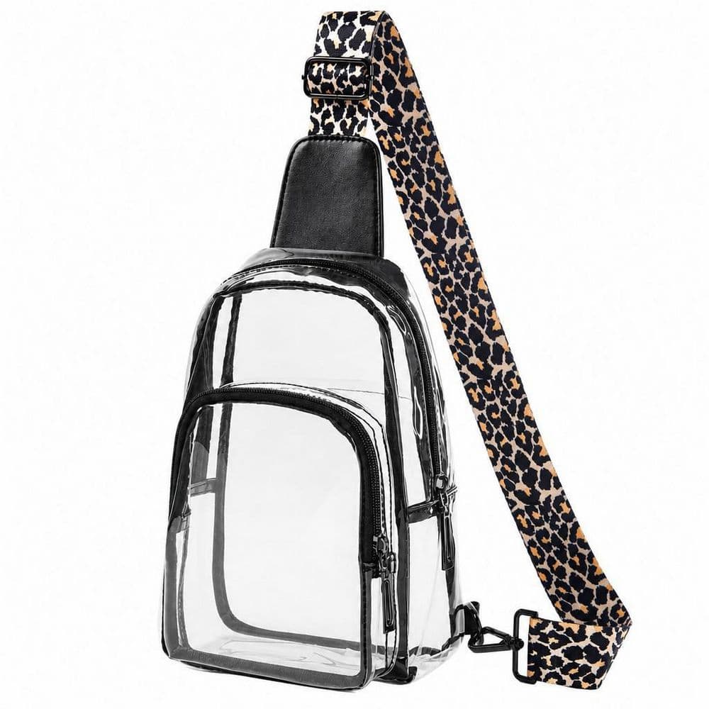 Black Clear PVC Leopard Print Adjustable Strap Sling Tote Bag for Concert Sports Game Amusement Park Security Check