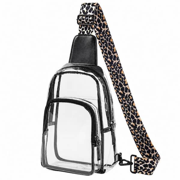 Black Clear PVC Leopard Print Adjustable Strap Sling Tote Bag for Concert Sports Game Amusement Park Security Check