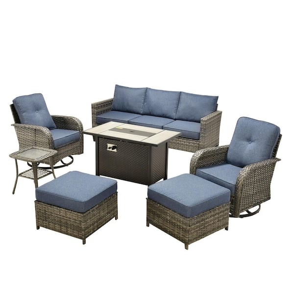 Michigan 6-Piece Wicker Outdoor Patio Fire Pit Seating Sofa Set and with Denim Blue Cushions and Swivel Rocking Chairs