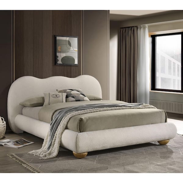 Synda White Wood Frame King Platform Fully Upholstered Bed with Camel-Back Shaped Headboard and Round Bun Feet
