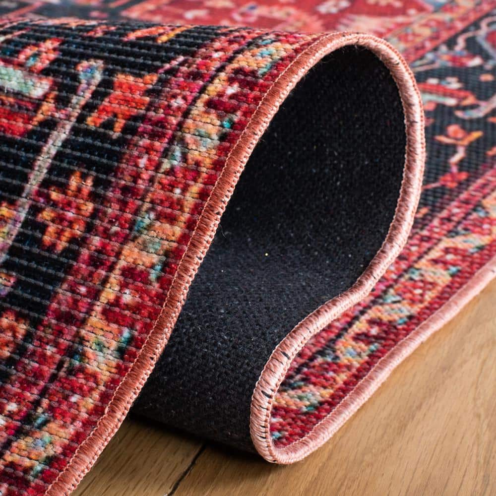 Serapi Red and Blue Square Machine Washable Rug