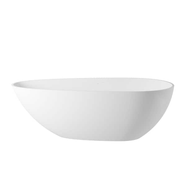 KINWELL 59 in. Stone Resin Flatbottom Solid Surface Freestanding Bathtub Non-Whirlpool Soaking Tub in White