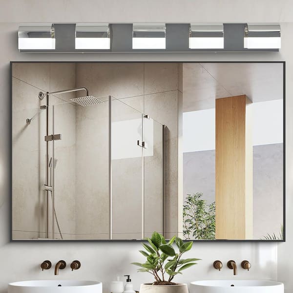 34.3 in. 5-Light Stainless Steel LED Vanity Light Bar with Dimmable Crystal Sand Shades