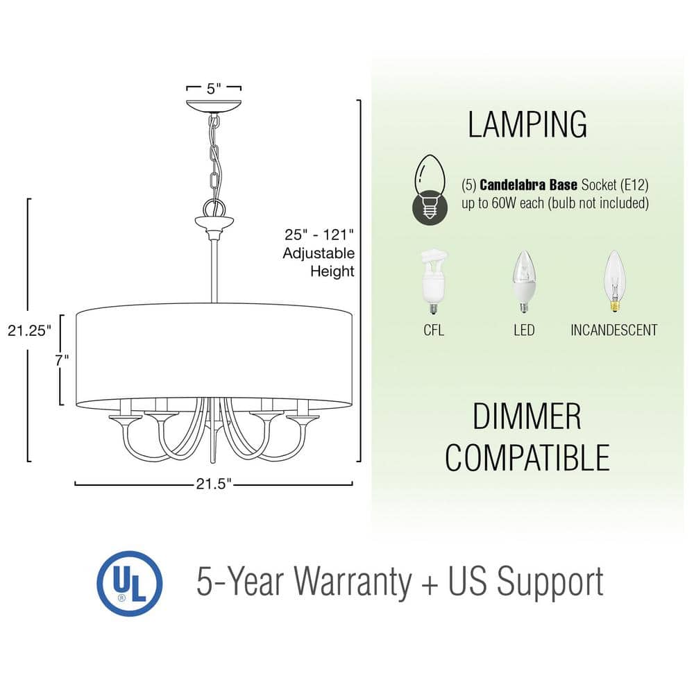 Oil-Rubbed Bronze 5-Light Chandelier with White Linen Drum Shade