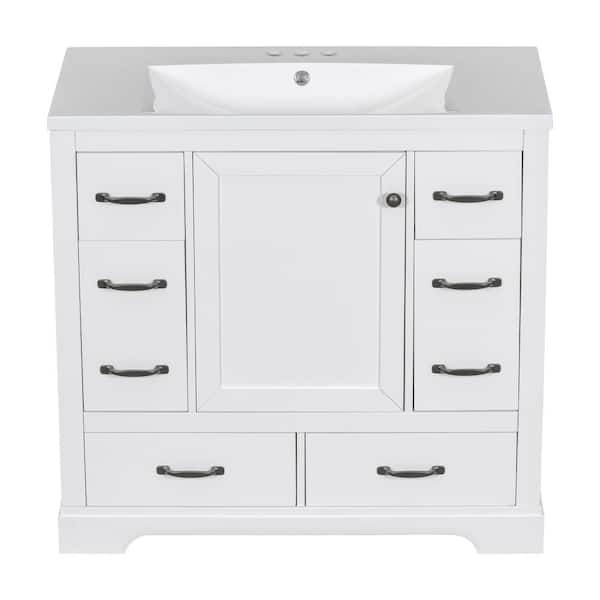 Dimakai 36 in. W Single Sink Six Drawers Freestanding White Bath Vanity With White Ceramic Top Unassembled