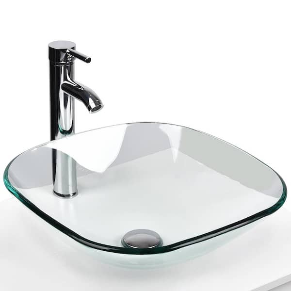 Puluomis Clear Glass Square Vessel Sink With Faucet Pop Up Drain Set