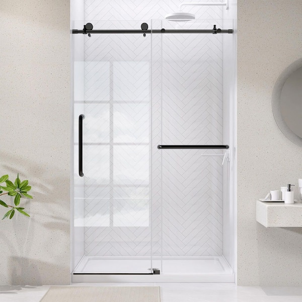 54 in. W x 75 in. H Single Sliding Shower Doors Frameless Bypass Glass Shower Door in Matte Black 1/4 in. Clear Glass
