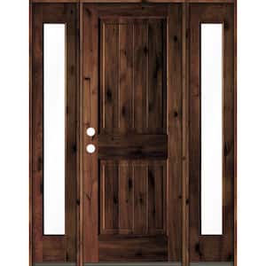 60 in. x 80 in. Rustic Alder Square Top Red Mahogany Stained Wood with V-Groove Right Hand Single Prehung Front Door