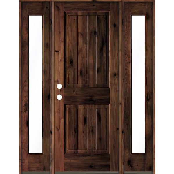 Krosswood Doors 60 in. x 80 in. Rustic Alder Square Top Red Mahogany Stained Wood with V-Groove Right Hand Single Prehung Front Door