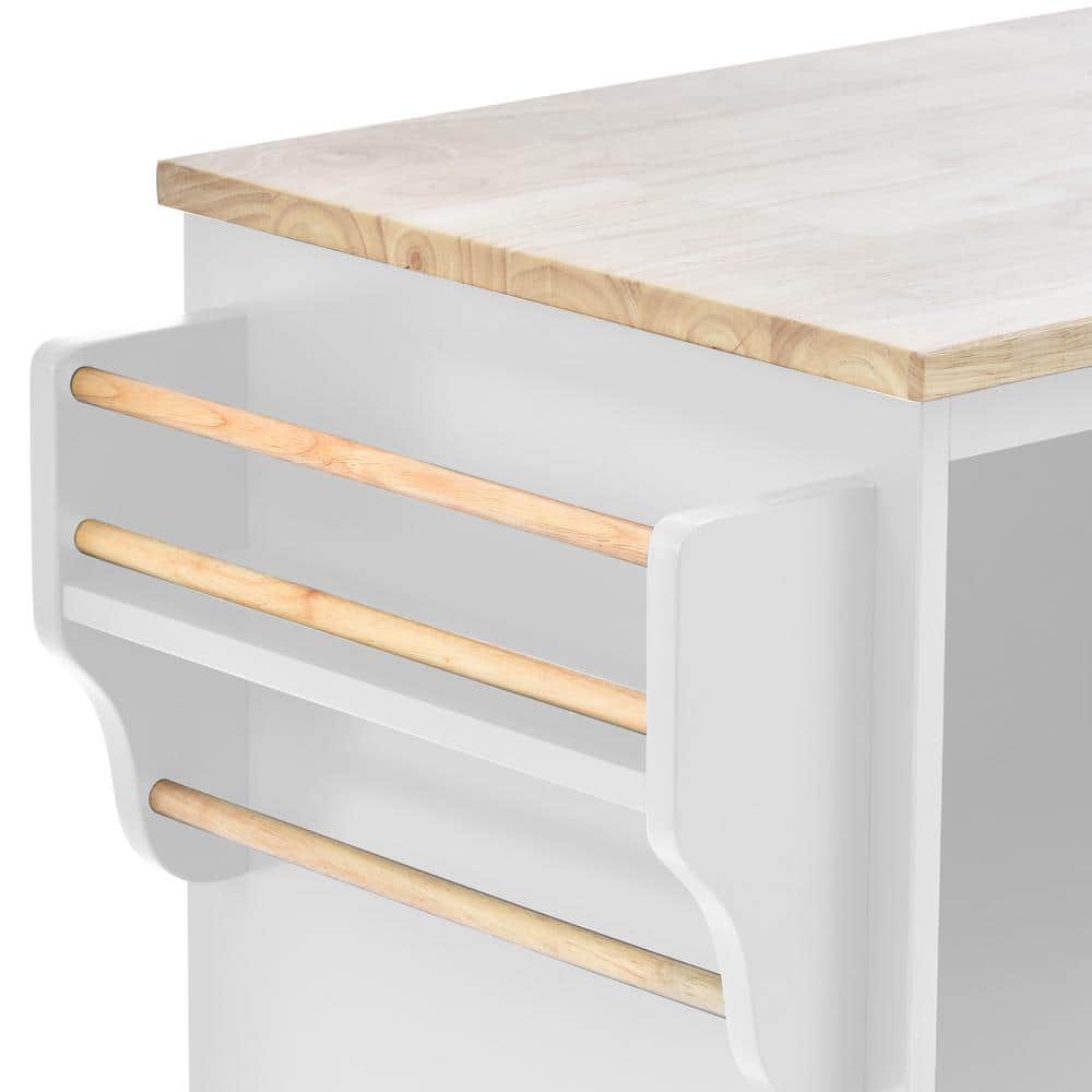 White Rectangular Wood Kitchen Cart with Spice Rack and Storage