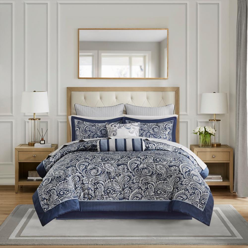 Navy Jacquard Cotton Queen 12-Piece Bedding Set