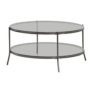 38 .75in Black Nickel and Clear Round Glass Coffee Table with Storage Shelf