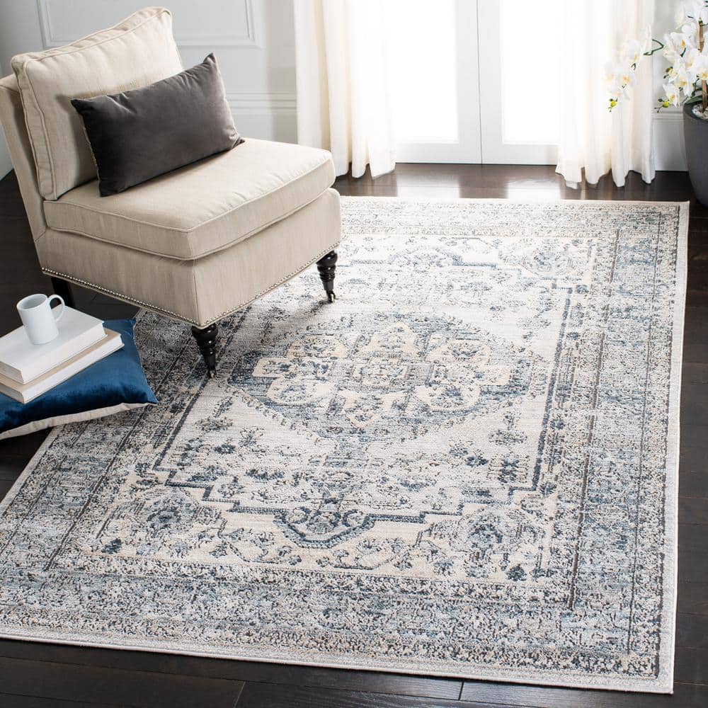 Oregon Light Blue and Ivory Synthetic Medallion Area Rug 6' x 9'