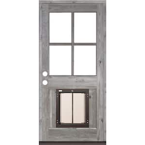 32 in. x 80 in. Knotty Alder Right-Hand/Inswing 4-Lite Clear Glass Grey Stain Wood Prehung Front Door w/Large Dog Door
