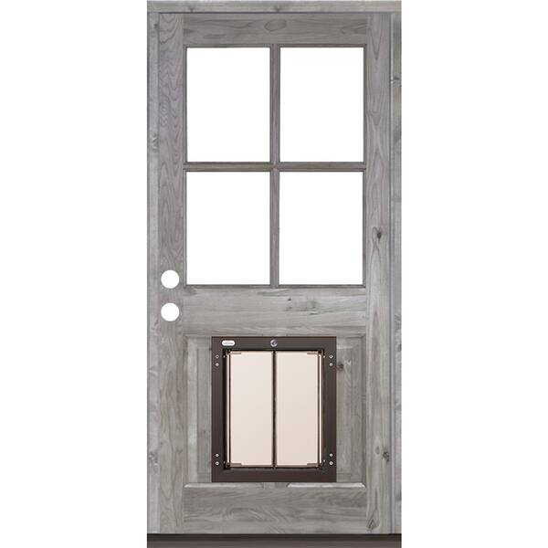 Krosswood Doors 32 in. x 80 in. Knotty Alder Right-Hand/Inswing 4-Lite Clear Glass Grey Stain Wood Prehung Front Door w/Large Dog Door