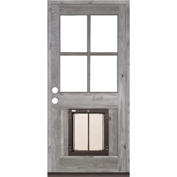 Krosswood Doors 32 in. x 80 in. Knotty Alder Right-Hand/Inswing 4-Lite Clear Glass Grey Stain Wood Prehung Front Door w/Large Dog Door