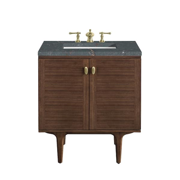 James Martin Vanities Amberly 30.0 in. W x 23.5 in. D x 34.7 in. H Single Bathroom Vanity Mid-Century Walnut and Parisien Bleu Quartz Top