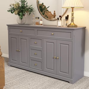 5 Drawers Gray Wooden Chest of Drawers Dresser With 4 Doors and Adjustable Shelves 59.1 in. W x 33.5 in. H x 15.7 in. D