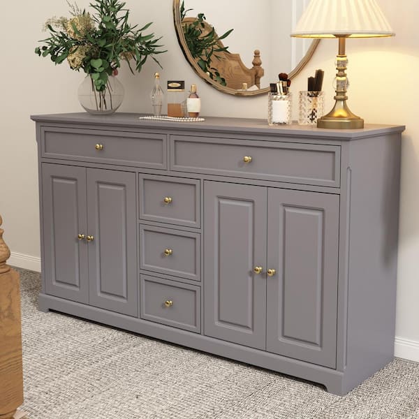 Kingdely 5 Drawers Gray Wooden Chest of Drawers Dresser With 4 Doors and Adjustable Shelves 59.1 in. W x 33.5 in. H x 15.7 in. D KF020263-03-cc