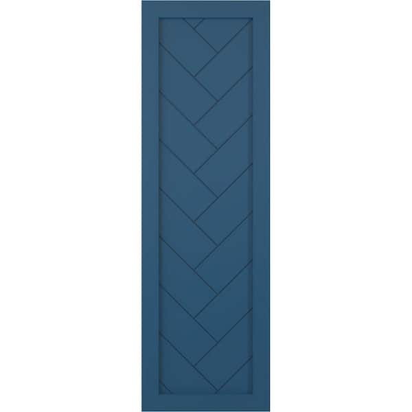 Ekena Millwork 18 in. x 44 in. PVC Single Panel Herringbone Modern Style Fixed Mount Board and Batten Shutters Pair in Sojourn Blue