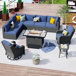 HOPPISH Gray 10-Piece Wicker Patio Rectangle Fire Pit Conversation Set with Denim Blue Cushions and Swivel Chairs