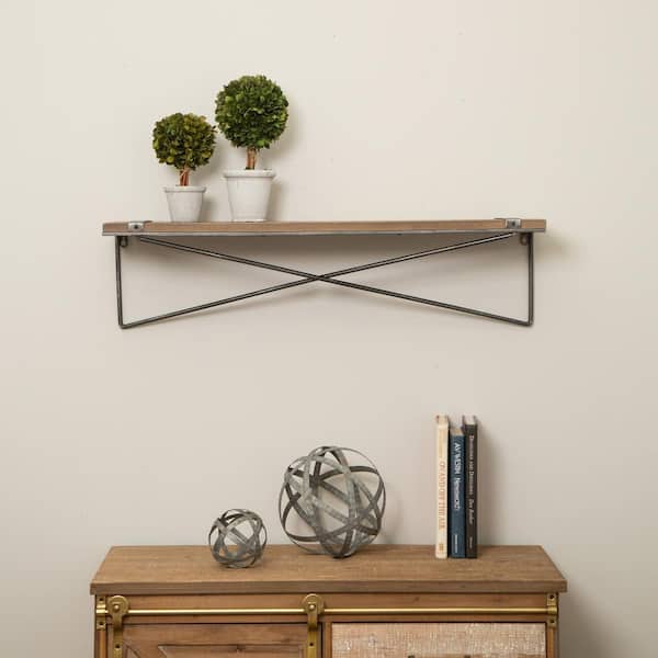 Glitzhome Rustic Farmhouse 31 5 In L Metal Wooden Large Wall Shelf The Home Depot