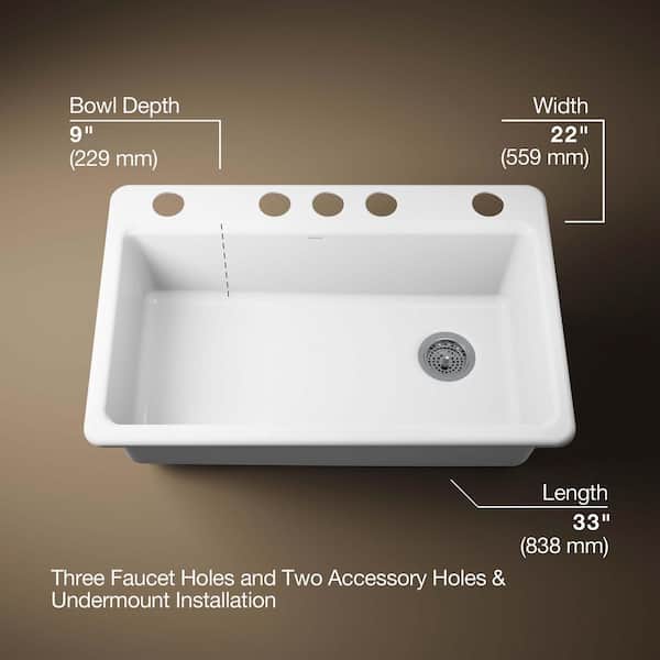 KOHLER Riverby Undermount Cast Iron 33 in. 5-Hole Single Bowl