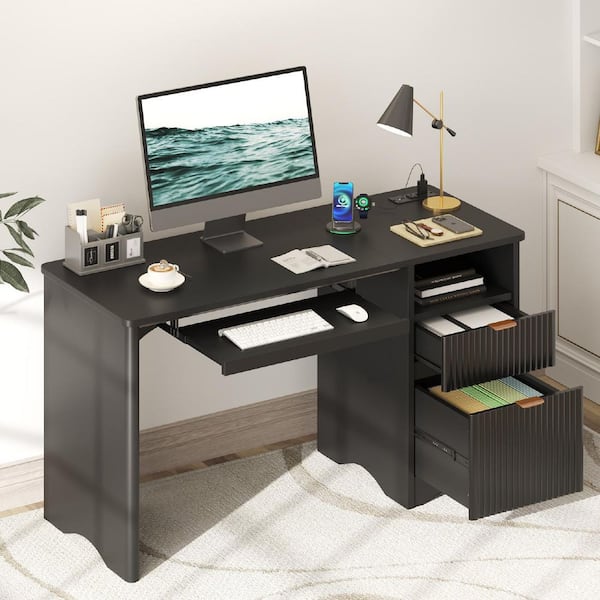 Bestier 55 in. Black Office Desk with Power Outlets, 2-Storage