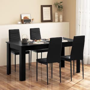 5-Piece Modern Rectangular Black Wood Top Kitchen Table Set with 4 PVC Leather Dining Chairs (Seats 4)