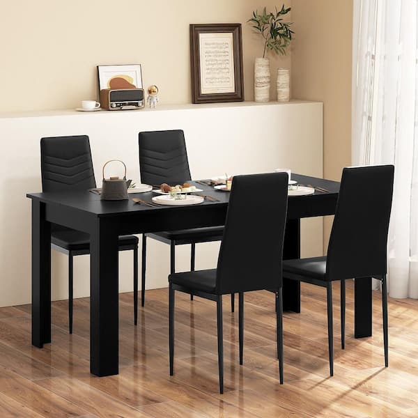 Gymax 5-Piece Modern Rectangular Black Wood Top Kitchen Table Set with 4 PVC Leather Dining Chairs (Seats 4)