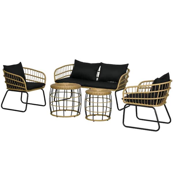 Outsunny PE Rattan Outdoor Furniture Set 5-Piece Steel Patio Conversation Set with CushionGuard Cushions