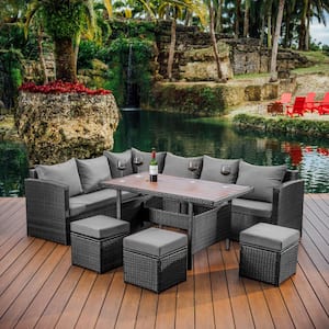 7-Piece Gray Wicker Patio Outdoor Dining Sofa Set, Sectional, Dining Table with Grey Cushions