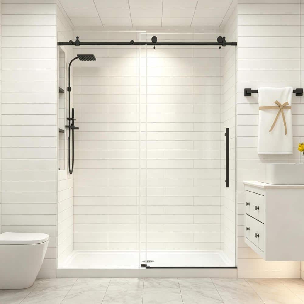55 in. to 60 in. W x 76 in. H Single Sliding Frameless Shower Door in Matte Black with 1/4 in. Clear Tempered Glass price history on PriceWatchPro