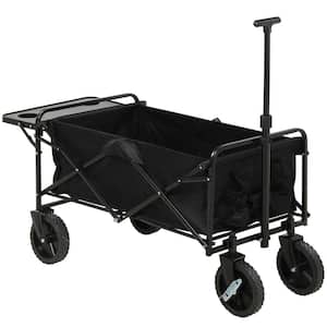 Collapsible Wagon Serving Cart with Adjustable Handle, Folding Table and Cup Holders with Wheels, Black