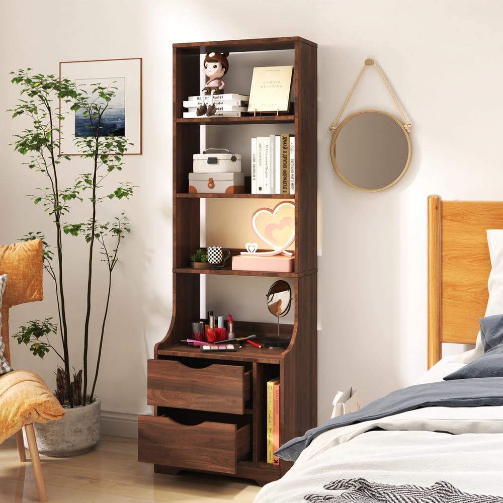 Modern Brown 2 Drawer Tall Nightstand Bedside Table with Bookshelf and Draw